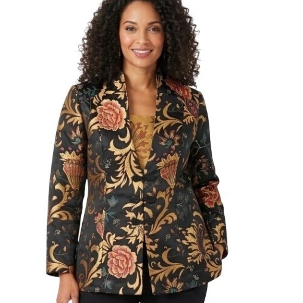 Soft Surroundings Brocade Jacket Women 1X Black Gold Effortless Elegance Refined